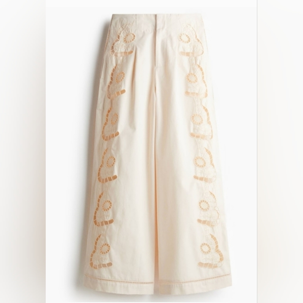 H&M Cream Wide Leg Pants with Embroidery Eyelet Trousers